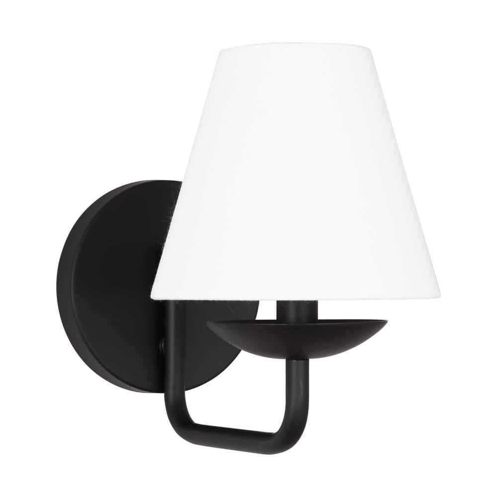 Midnight Black Steel Wall Sconce with White Linen Shade
