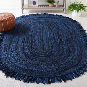 Braided Navy Black Doormat 3 ft. x 5 ft. Abstract Striped Oval Area Rug