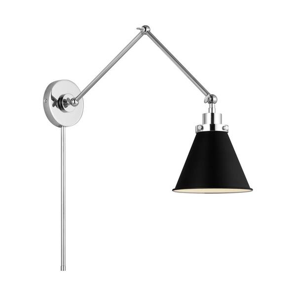 Generation Lighting - Wellfleet 7.25 in. W 1-Light Midnight Black/Polished Nickel Double Arm Cone Task Wall Sconce with Steel Shade