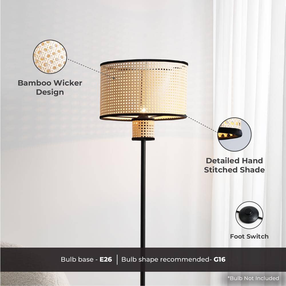 Nakuv 17'' Black Metal and Rattan Floor Lamp with USB Port