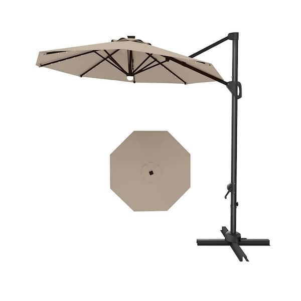 10' offset patio umbrella Outsunny 10ft. Solar LED Cantilever Umbrella, Offset Hanging Umbrella with  360 Rotation, Cross Base, 8 Ribs, Tilt and Crank for Yard, Khaki