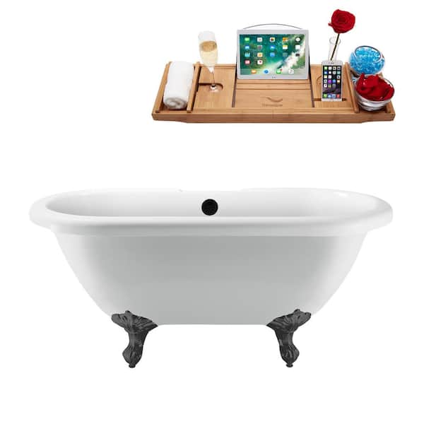Streamline 67 in. Acrylic Clawfoot Non-Whirlpool Bathtub in Glossy White With Brushed Gun Metal Clawfeet And Matte Black Drain