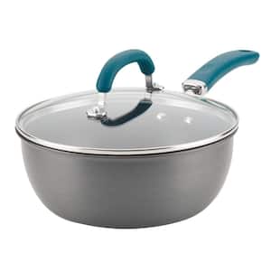 Create Delicious 10 in. Hard-Anodized Aluminum Nonstick Skillet in Gray With Teal Handles with Glass Lid