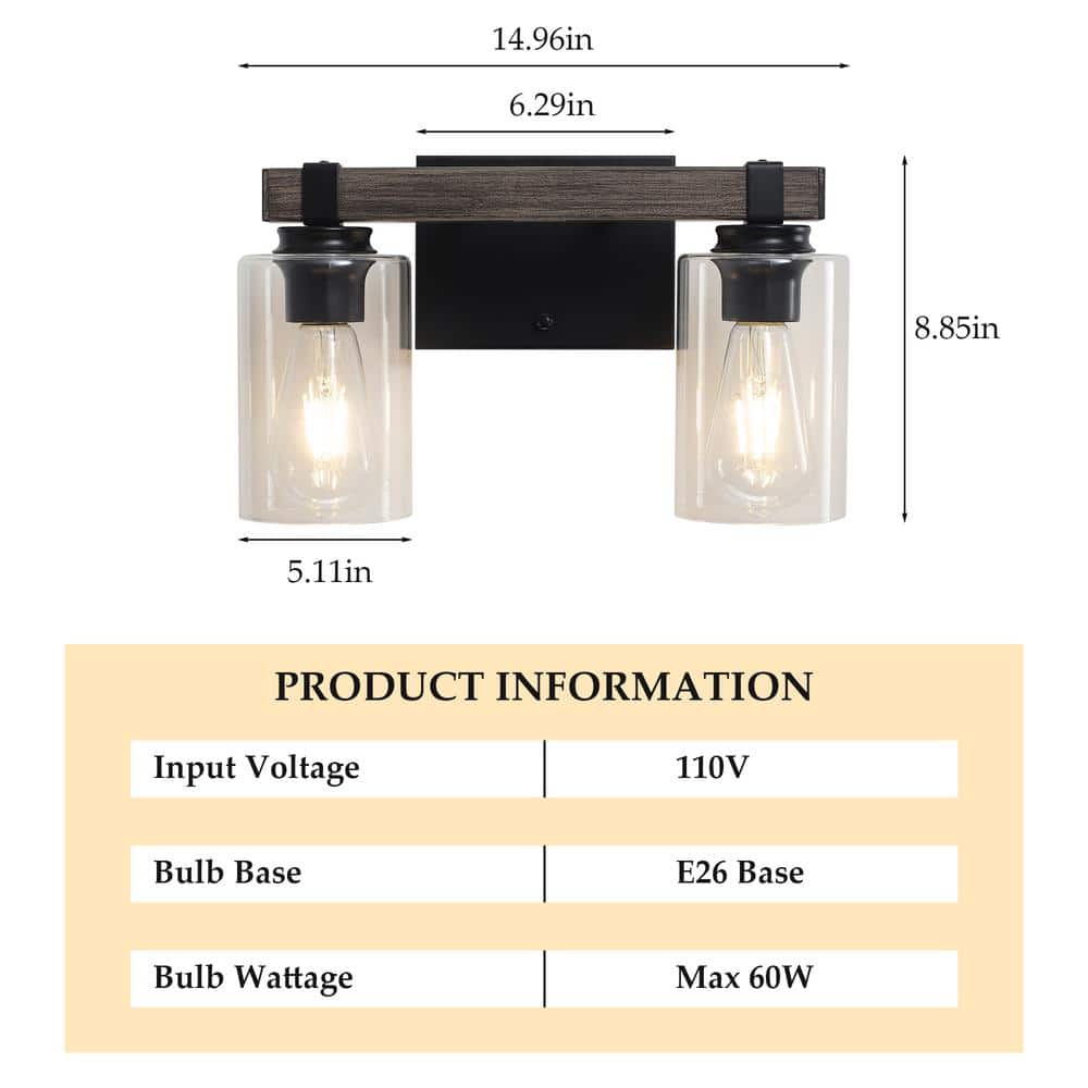 14.96'' Black and Wood Grain Metal Vanity Light with Clear Glass Shades