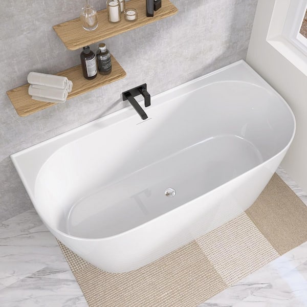 67 in. x 30 in. Freestanding Acrylic Soaking Bathtub with Center Chrome Drain in White-Oval Design (Wall-Ready Side)