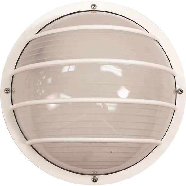 Volume Lighting Mini 1-Light White Polycarbonate Outdoor Caged Ceiling Flush Mount/Wall Mount Sconce with Polycarbonate Half Sphere