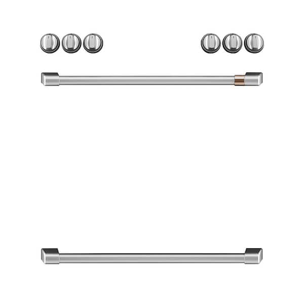 Cafe Front Control Induction Range Handle and Knob Kit in Brushed Stainless