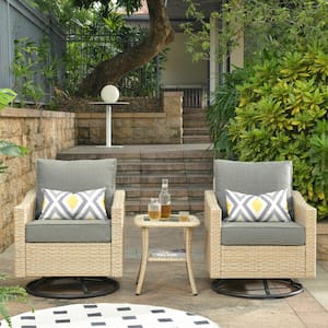 Camelia Beige 3-Piece Wicker Patio Swivel Rocking Chairs Seating Set with Cafe Table and Dark Gray CushionGuard Cushions