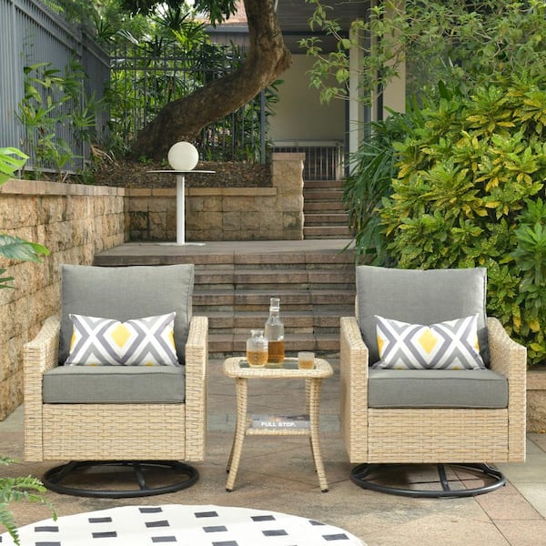 weaxty W Camelia Beige 3-Piece Wicker Patio Swivel Rocking Chairs Seating Set with Cafe Table and Dark Gray CushionGuard Cushions