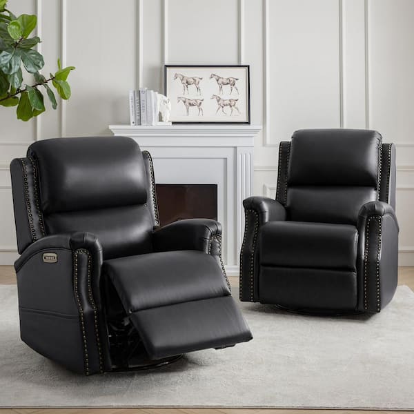 Joachim Black 34.5 in. Traditional Genuine Leather Power Swivel Glider Recliner (Set of 2)