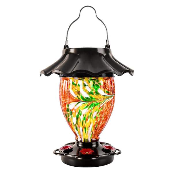 Justincity Color Changing Glass Hummingbird Feeders Solar Hand-Blown Glass Reservoir, 32 fl. Oz. Leak Free, Lighted Lantern Feeder