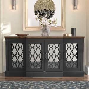 Heron Black and Knotty Oak Wood 59.1 in. 4-Door Wide Accent Sideboard with Adjustable Shelves