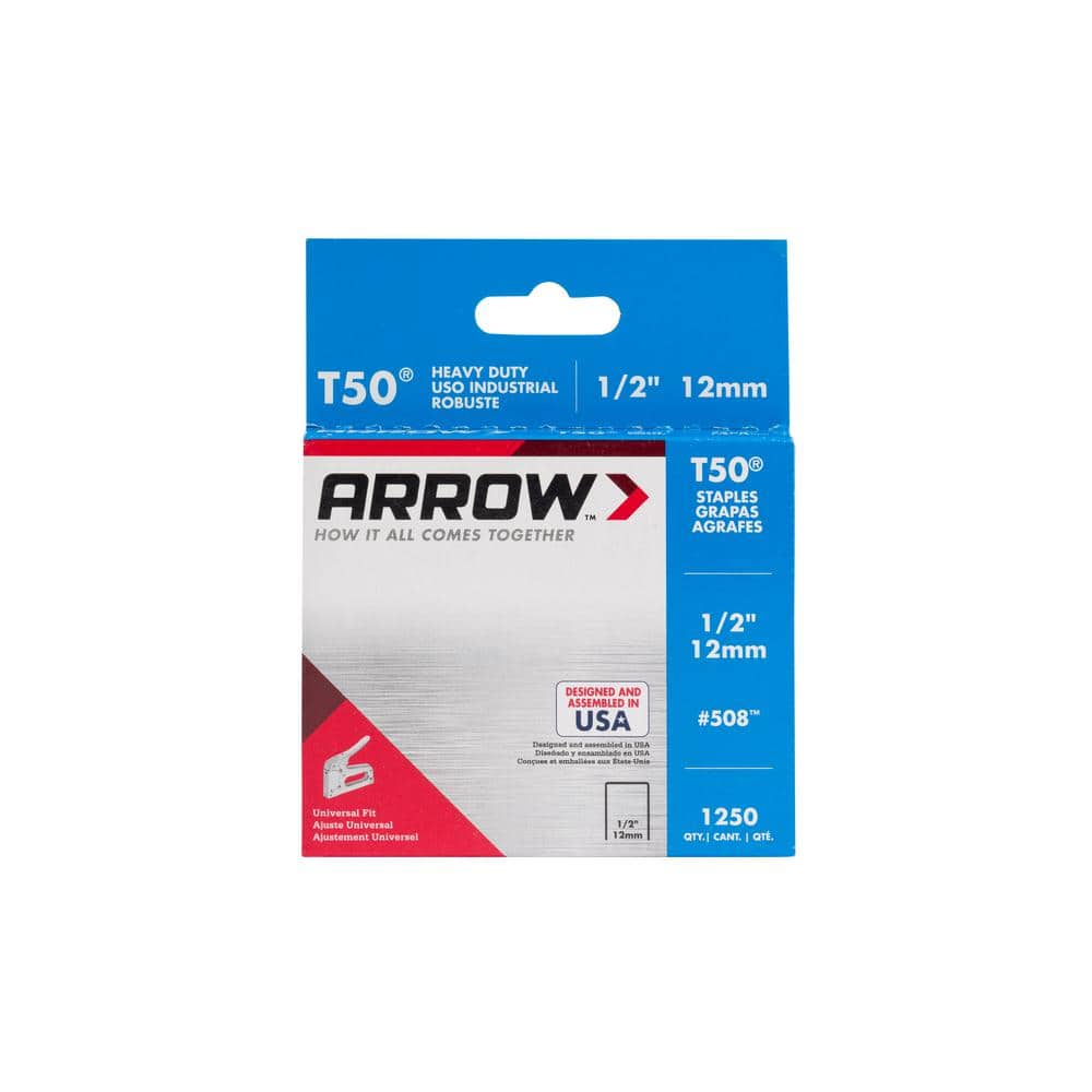 Arrow T50 1/2" Leg Length Galvanized Steel Staples, 1250-Pack