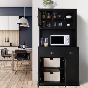 Black MDF 39.3 in. Sideboard Food Pantry Kitchen Buffet and Hutch with 4 Adjustable Shelves and 2-Drawer
