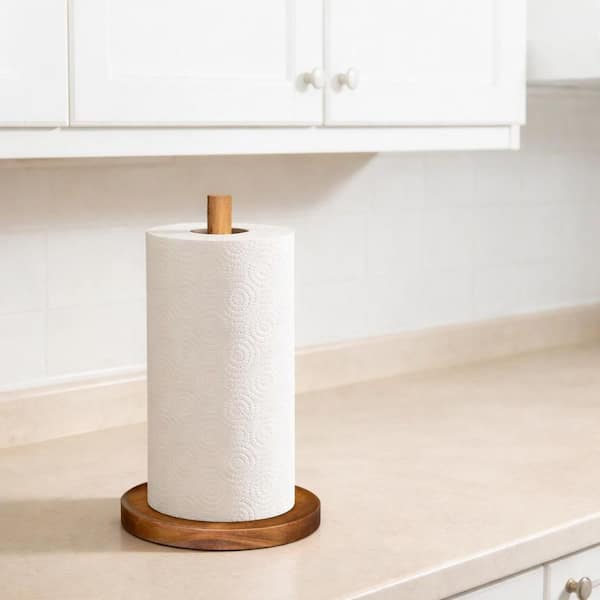 Standing Oak Wood Brown Finish Countertop Paper Towel Holder for Rustic Farmhouse Cottagecore Kitchen Bathroom
