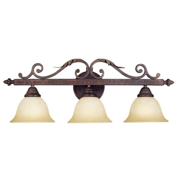 World Imports Olympus Tradition Collection 3-Light Crackled Bronze Bath Bar Light with Tea-Stained Glass Shades