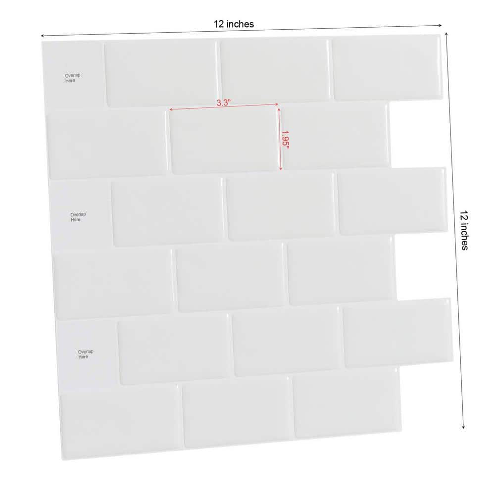 Bright White 12x12 Self-Adhesive Vinyl Subway Backsplash Tiles, 10-Pack