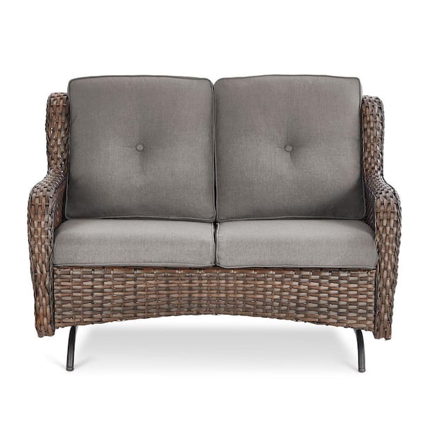 Gymojoy Carolina Patio 2-Person Brown Wicker Rocking Bench Outdoor Loveseat Glider with High Back and Deep Seat, Gray