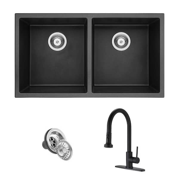 ANGELES HOME Matte Black Quartz 32 in. Double Bowl Undermount Kitchen Sink with High Arc Faucet