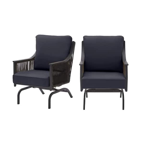 Hampton Bay Bayhurst Black Wicker Outdoor Patio Rocking Lounge Chair with CushionGuard Midnight Navy Blue Cushions (2-Pack)