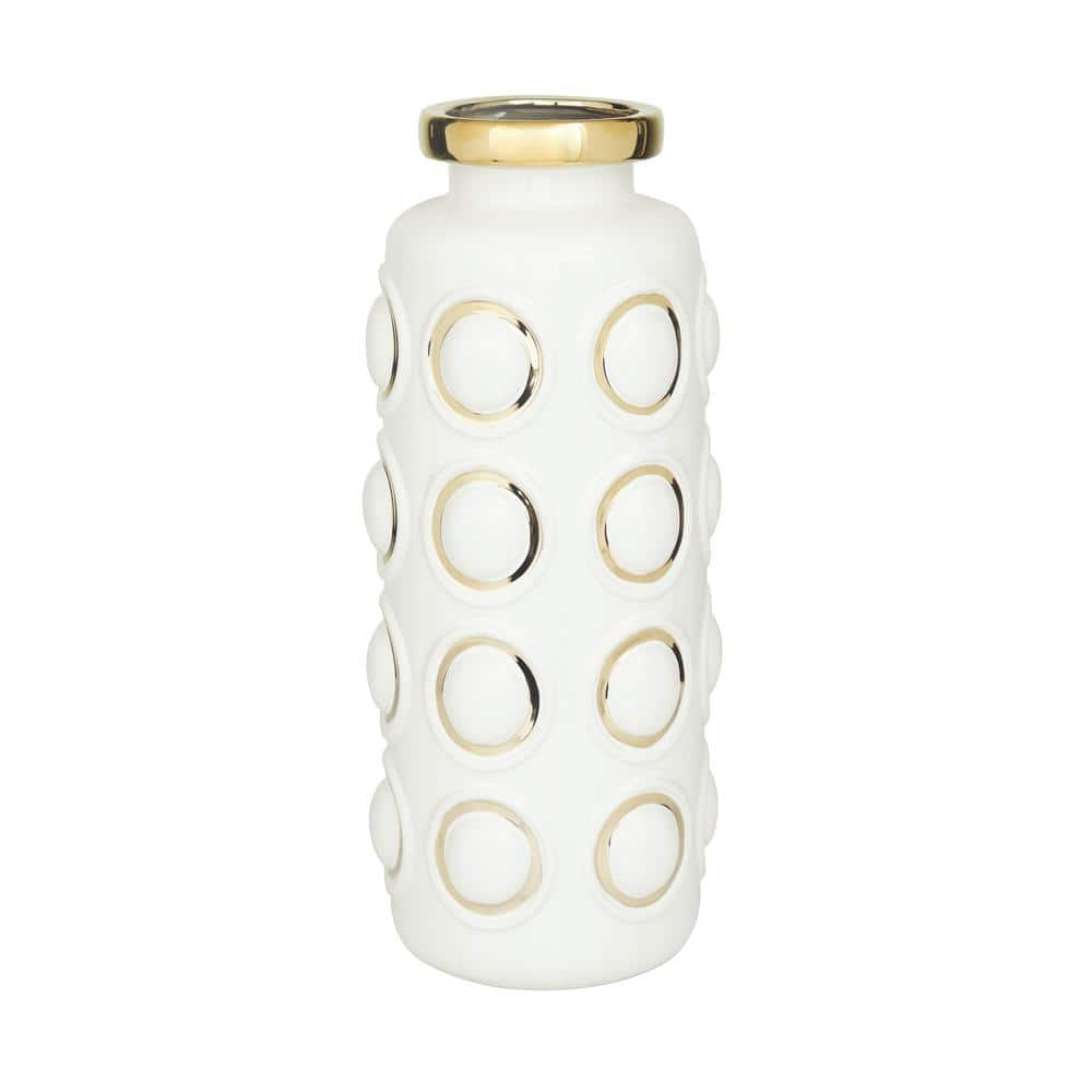 Litton Lane 16 in. White Ceramic Decorative Vase with Gold Circle Accents