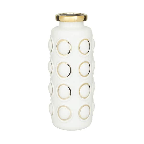 Litton Lane 16 in. White Ceramic Decorative Vase with Gold Circle Accents