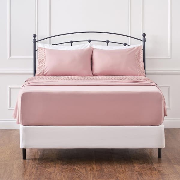 4-Piece Clipped Mauve Solid Color Tufted Textured Boho Microfiber Bedsheets Set Queen