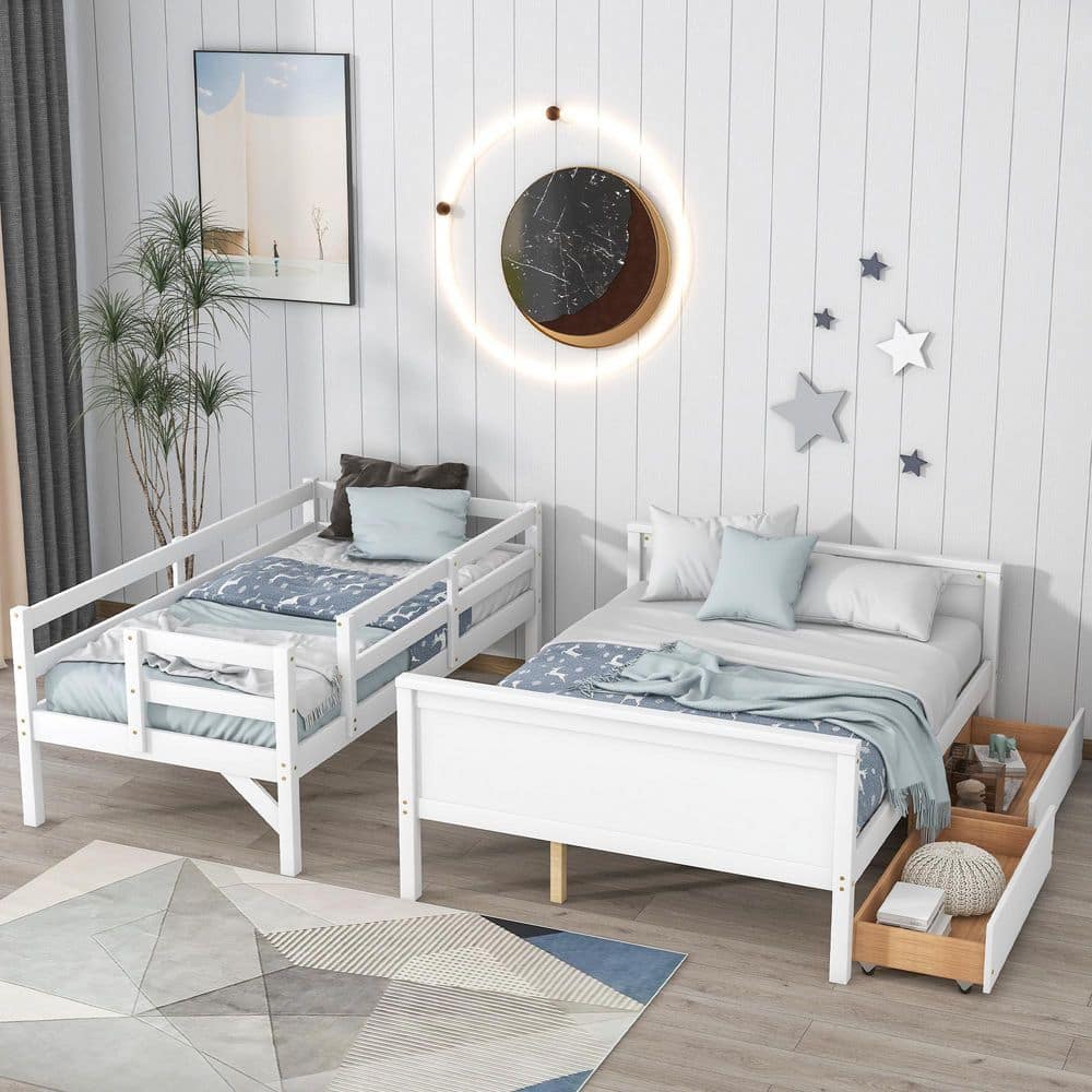 ANBAZAR White Twin Over Full Wood Bunk Bed with Slide, Detachable Two