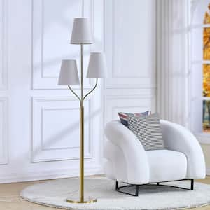 Chicago 65 in. Brass 3-Head Standard Floor Lamp with White Linen Lampshad