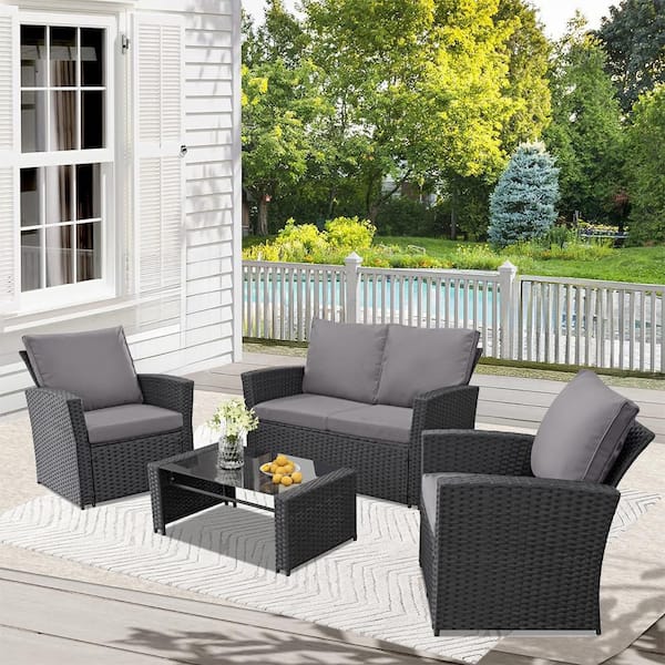 Unbranded 4-Piece Black Rattan Wicker Outdoor Loveseat with Gray Cushions