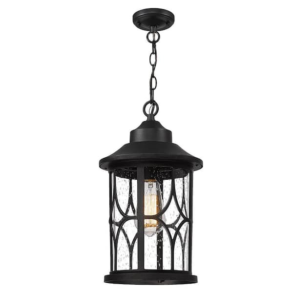 JAZAVA 15 in. 1-light Black Finish Outdoor Pendant Light with Seeded Glass and No Bulbs Included