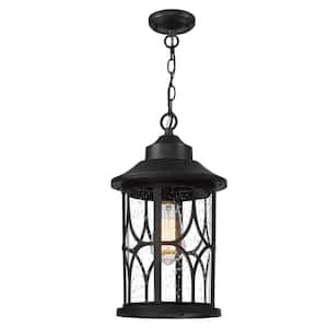 15 in. 1-light Black Finish Outdoor Pendant Light with Seeded Glass and No Bulbs Included