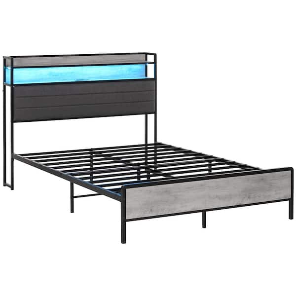 Cement Gray Steel Frame Queen Platform Bed with Upholstered Headboard, LED Lights and Storage