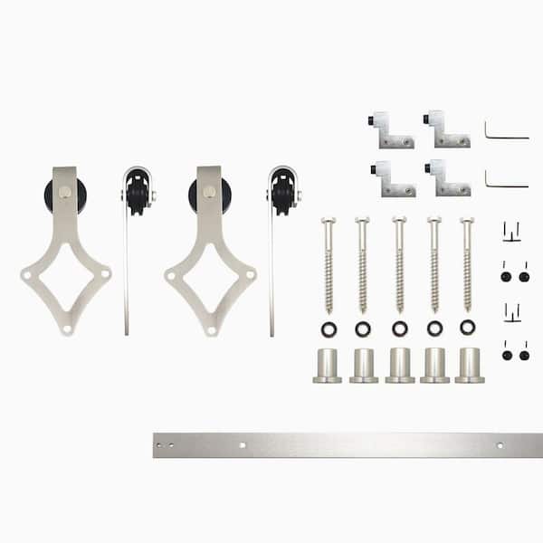 HOMACER 7 ft./84 in. Brushed Nickel Non-Bypass Sliding Barn Door Hardware Kit Diamond Design Roller for Double Doors