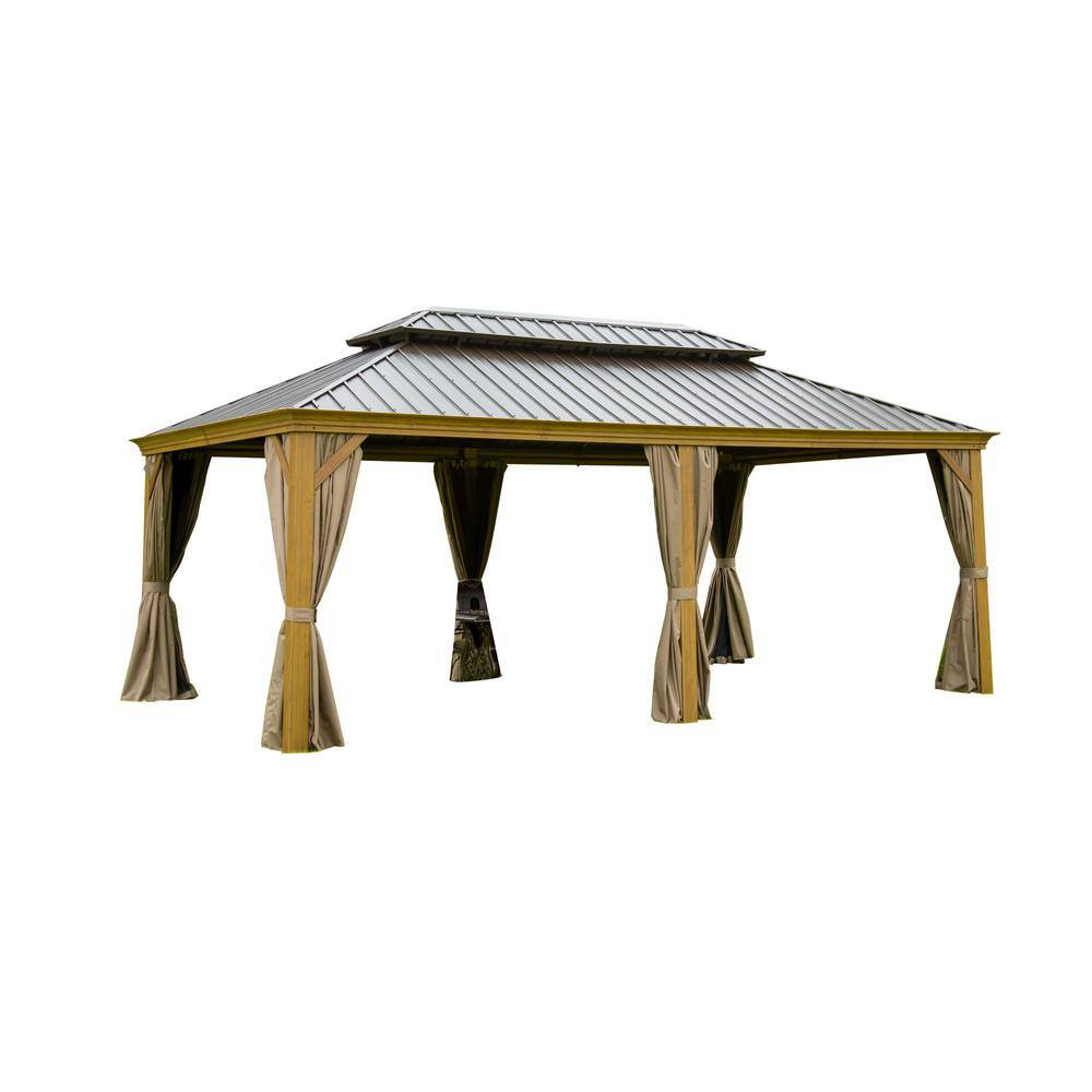 12 ft. x 18 ft. Outdoor Yellow Brown Aluminum Hardtop Gazebo with Galvanized Steel Double Roof with Curtain and Netting price history on PriceWatchPro