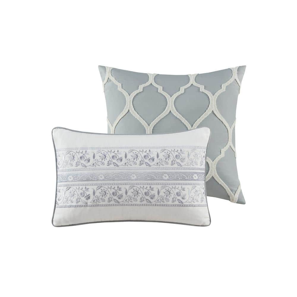 Hallie Damask Grey & Blue Queen Cotton Comforter 6-Piece Set