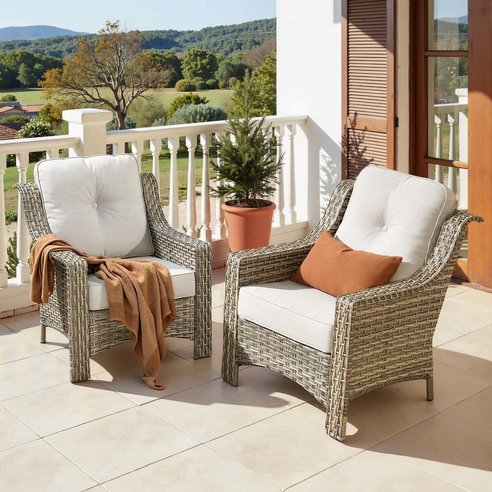 2-Piece High Back Patio Chairs Set with Gray Cushions, All-Weather Wicker Outdoor Armchairs for Patio, Porch, Backyard price history on PriceWatchPro
