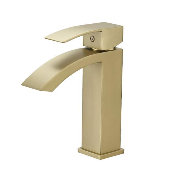 Fapully Single Handle Single Hole Bathroom Faucet, Waterfall Bathroom Sink Faucet in Brushed Gold