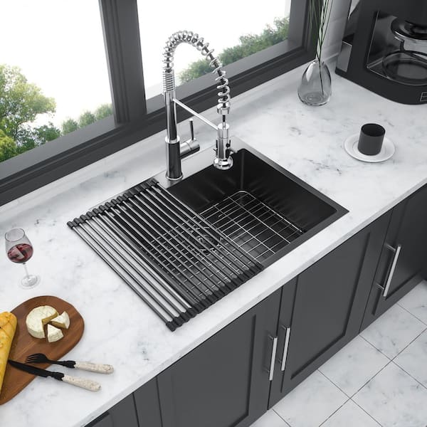 Lindra 25 in. x 22 in. Drop-in/Undermount Single Bowl 16-Gauge Black Stainless Steel Kitchen Sink with Accessories