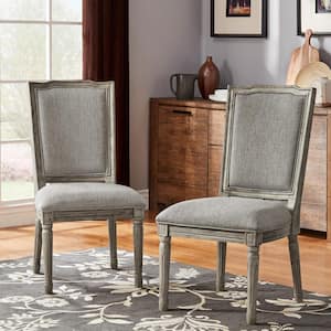 Antique Grey Oak Finish Grey Ornate Linen And Wood Dining Chairs (Set of 2)