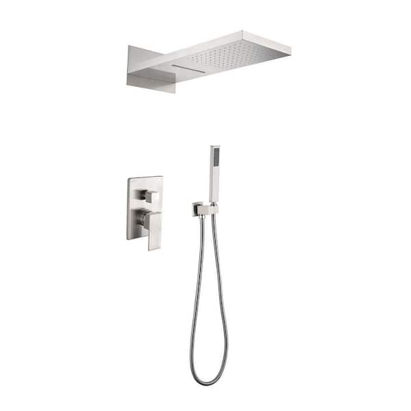 Unbranded Bathroom Shower System 2-Spray Wall Bar Shower Kit with Hand Shower in Brushed Nickel Waterfall Rainfall Shower Head