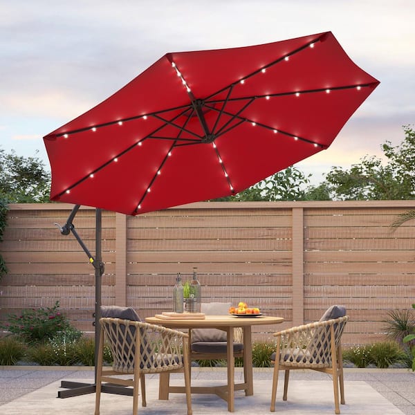Sonkuki 10 ft. Round Outdoor Patio Solar LED Lighted Cantilever Umbrella in Red Sonkuki 10 ft. Round Outdoor Patio Solar LED Lighted Cantilever Umbrella in Red
