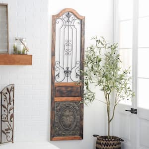 Wood Brown Distressed Door Inspired Ornamental Scroll Wall Decor with Metal Wire Details