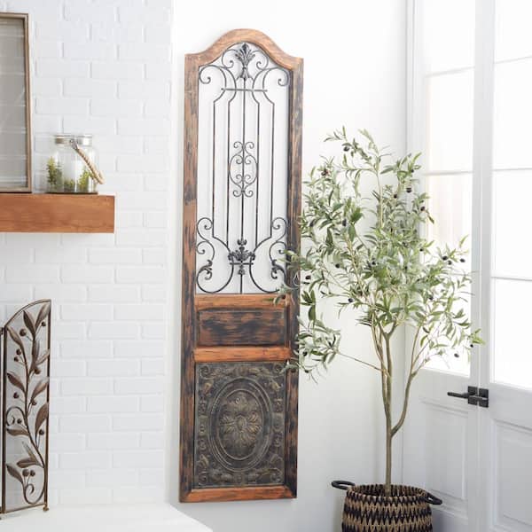 Litton Lane 19 in. x  72 in. Wood Brown Distressed Door Inspired Ornamental Scroll Wall Decor with Metal Wire Details
