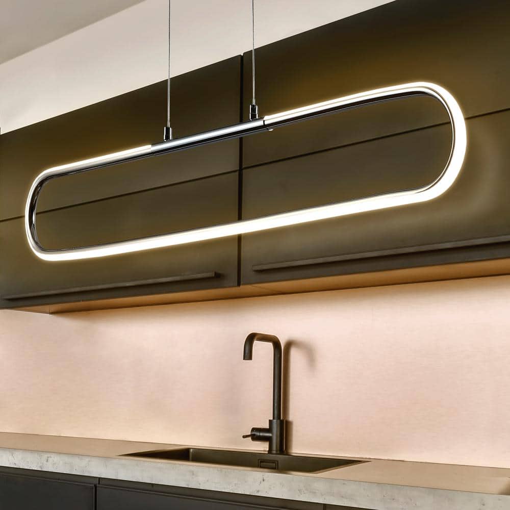 Ned Minimalistic 39" Chrome LED Linear Pendant with Adjustable Height