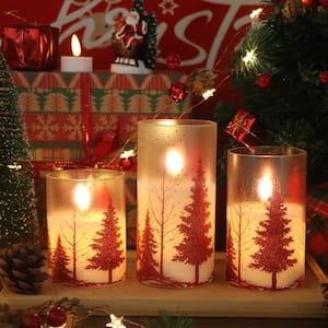 Red Christmas Tree Glass Flameless Candle with Remote, Timer and 3D Wick LED Flickering Pillar