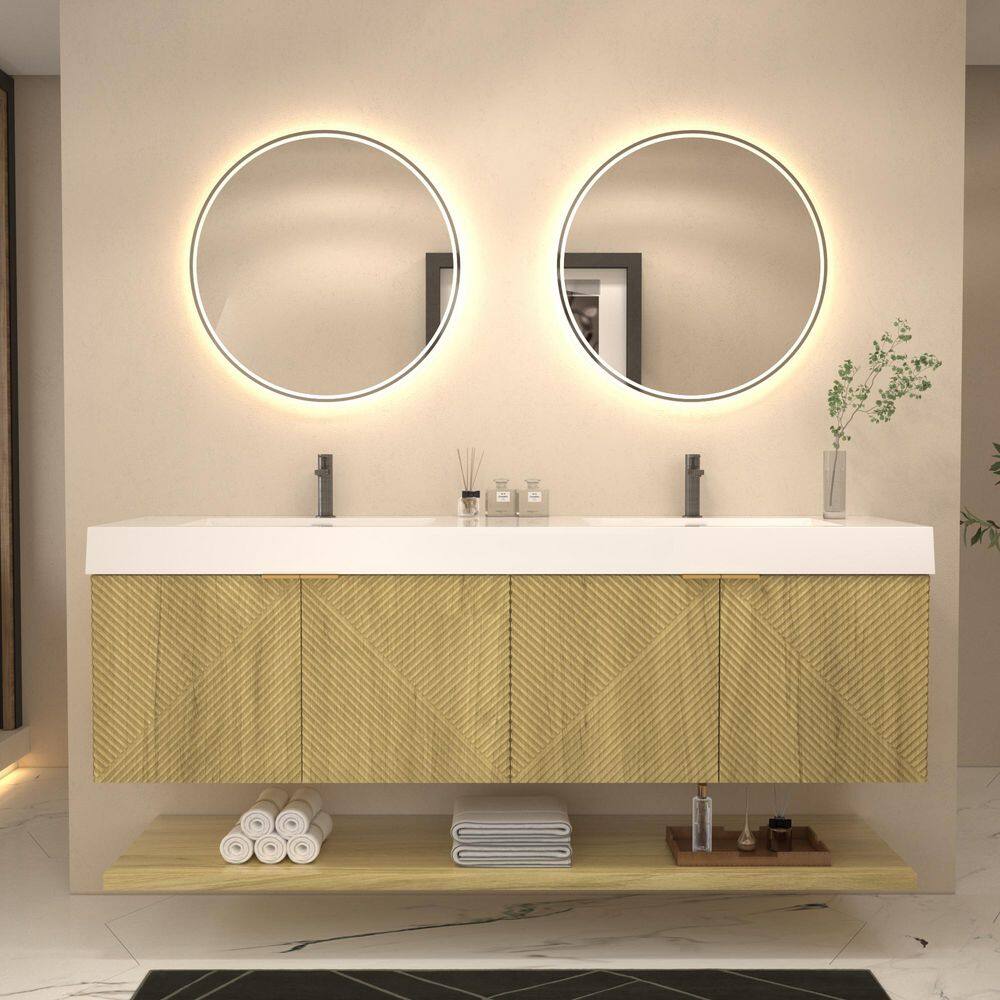 Stella 71 in. W x 20 in. D x 22 in. H Double Sink Teak Oak Bath Vanity with White Acrylic Top Floating Lower Shelf price history on PriceWatchPro