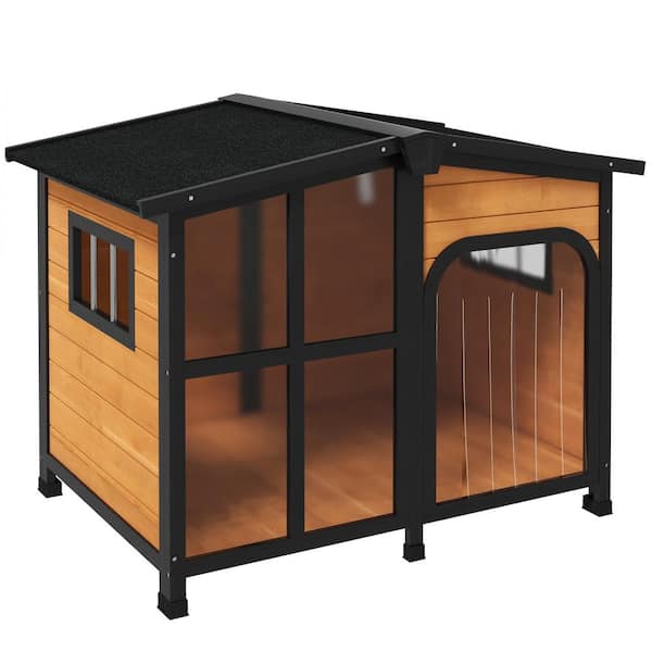 Outdoor and Indoor Cabin-Style Wooden Dog House for Large Dogs with Openable Roof and Giant Window, Yellow