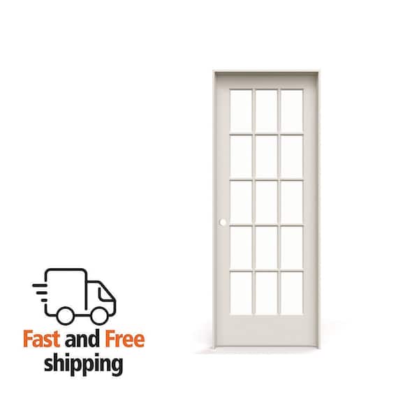 30 in. x 80 in. Right Handed Primed Composite Clear Glass 15 Lite True Divided Single Prehung Interior Door