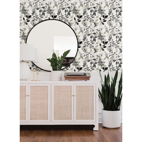 Black Breezy Floral Vinyl Peel and Stick Wallpaper Roll